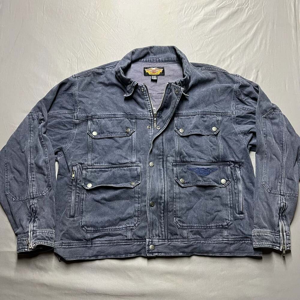 Harley Davidson Denim Jacket XXL Blue Gray Washed Multi Pocket Embroidered 90s